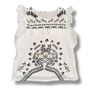 Zara BW Collection Cream Ruffle Cap Sleeve Floral Medallion Print Top Womens S